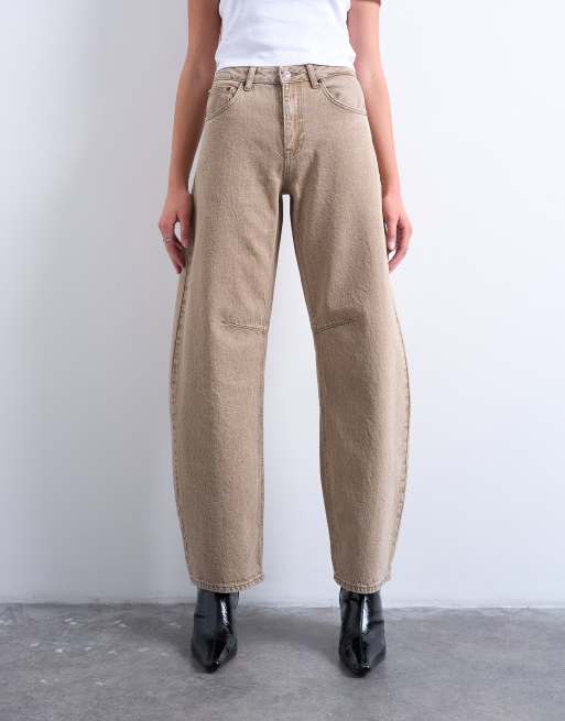 Topshop - Barrel - Jeans met hoge taille en ronde, wijde pijpen in beige met wassing