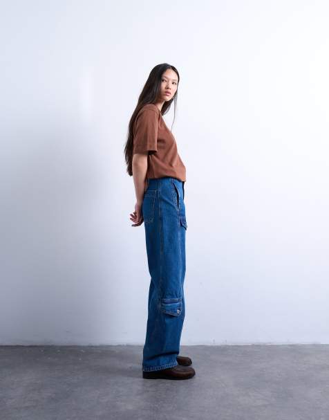 Topshop barrel jeans with cargo pockets in mid blue - view 1