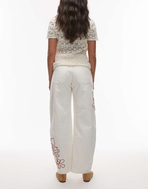 Topshop barrel jeans with red embroidery in ecru
