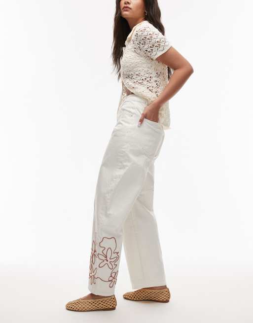 Topshop barrel jeans with red embroidery in ecru