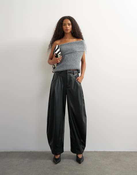 Topshop barrel leg-byxa i läderimitation med okdetalj, svart - view 1