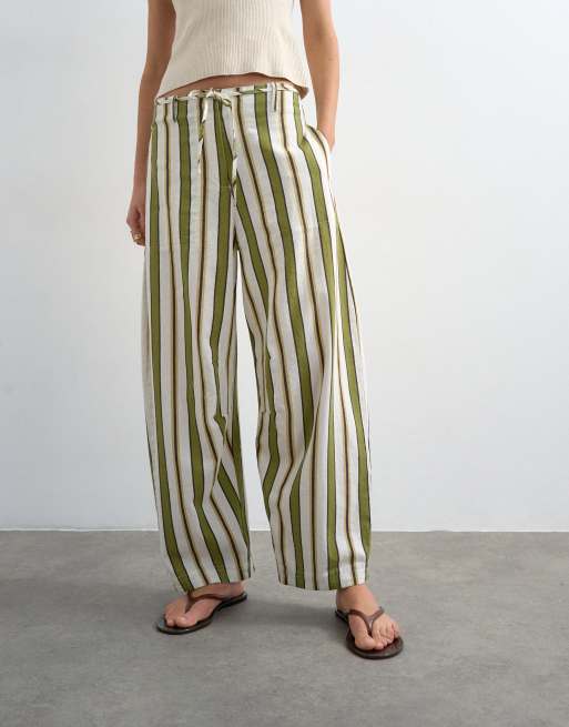 Topshop – Barrel-Leg-Hose aus Leinen in Grün mit Streifen und Bindegürtel, 4 von 5