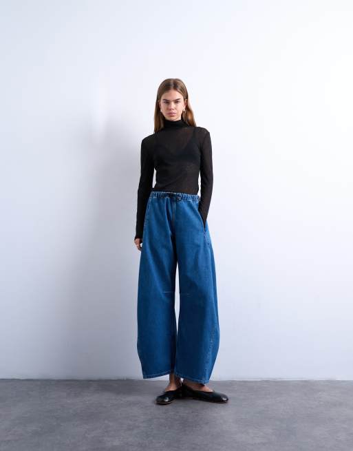 Topshop – Barrel-Leg-Jeans in Mittelblau mit elastischem Bund