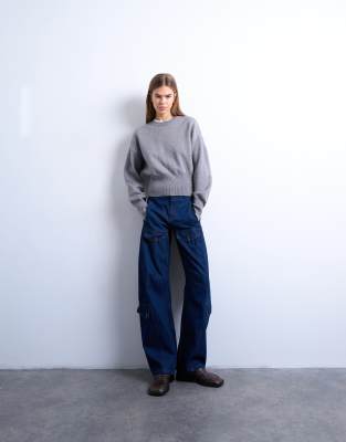 Topshop Barrel Leg Jeans With Cargo Pockets In Blue