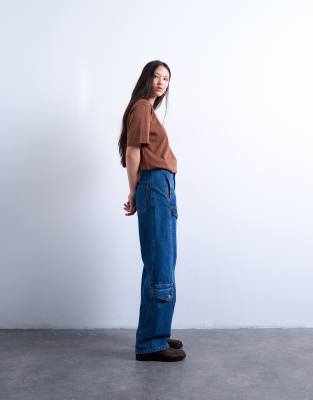 Topshop Barrel Leg Jeans With Cargo Pockets In Blue