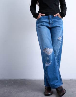 Topshop Barrel Leg Jeans With Thigh Rips In Blue