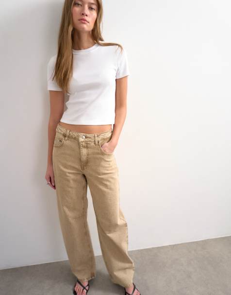 Topshop barrel leg mid rise jeans in washed beige - view 1
