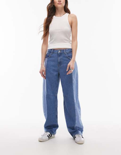 Topshop barrel mid rise color block jeans in blue