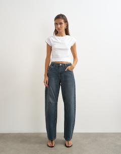 Barrel mid rise jean in blue black