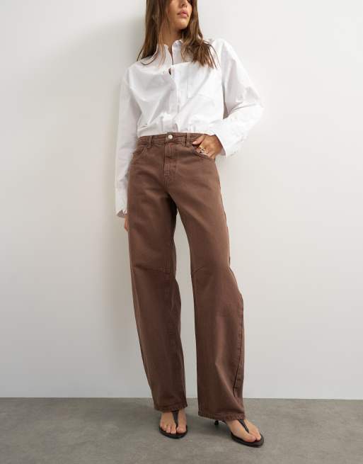 Topshop Barrel mid rise jean in chocolate, 3 of 5