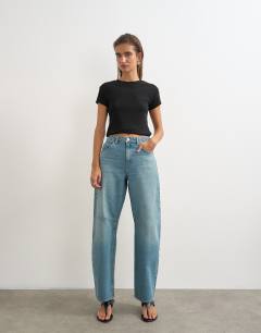 Barrel mid rise jean in green cast