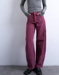 Model wearing Barrel mid rise jean in purple cord