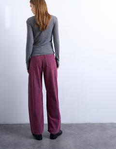 Model wearing Barrel mid rise jean in purple cord