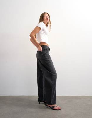 Topshop Women's Black Barrel Mid Rise Jean In Washed