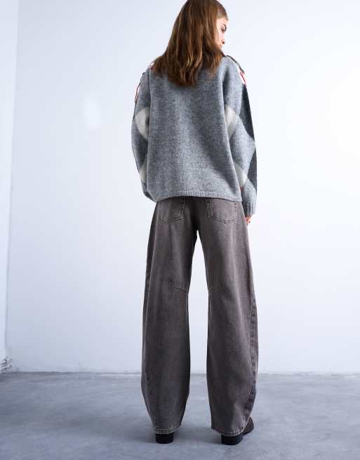 Topshop Barrel mid rise jean with seam detail in otter, 5 of 7
