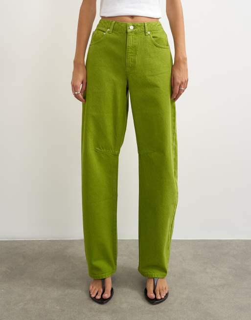 Topshop Barrel mid-rise jeans in bright olive, 2 of 5
