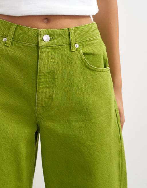 Topshop Barrel mid-rise jeans in bright olive, 3 of 5