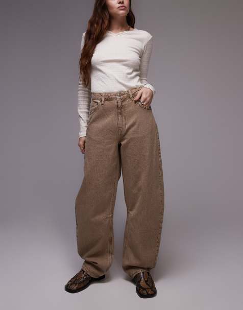 Topshop barrel mid rise jeans in sand - view 1
