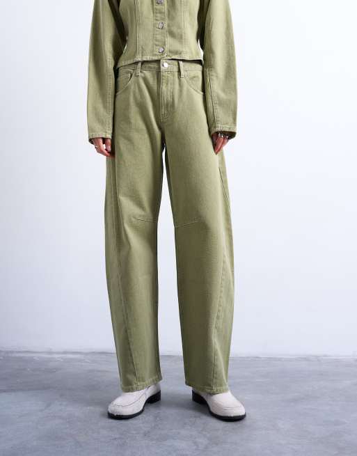 Topshop Barrel mid rise jeans with seam details in avocado, 3 of 7