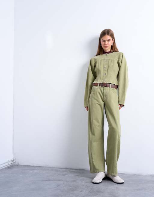 Topshop Barrel mid rise jeans with seam details in avocado, 4 of 7