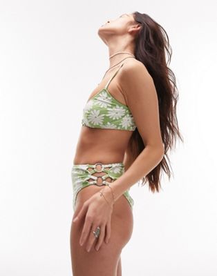 Topshop - Bas de bikini échancré en jacquard à imprimé marguerites avec anneaux - Vert | ASOS