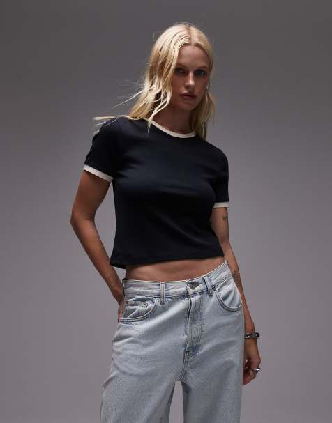 Topshop - Basic T-shirt met contrasterende hals en boorden in zwart - view 1