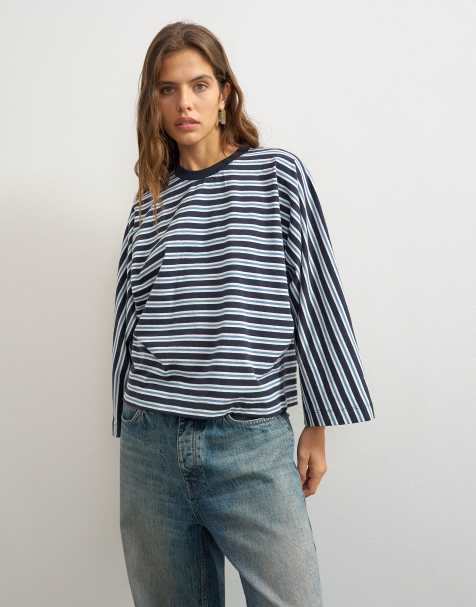 Topshop batwing-stribet langærmet T-shirt i navy - view 1