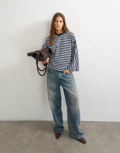 Batwing stripe long sleeve tee in navy