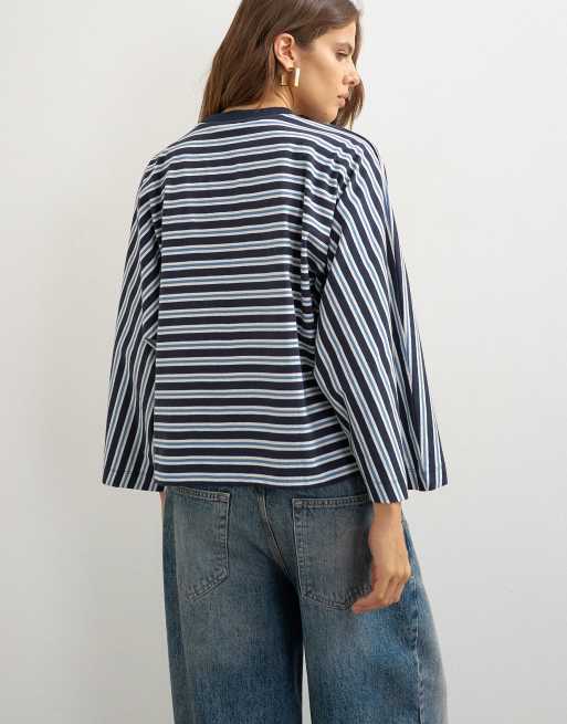 Topshop batwing stripe long sleeve tee in navy, 4 of 4