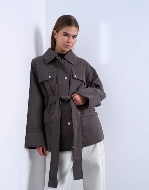 Topshop – Baumwoll-Hemdjacke in Schokobraun mit Steppfutter und 4 Taschen - view 1