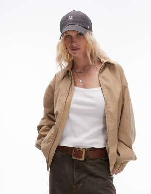 Topshop - Baumwoll-Jacke in Steinbeige mit mittigem Reißverschluss-Neutral