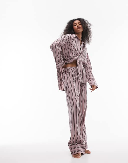 Topshop – Baumwoll-Pyjama aus Hemd und Hose in gestreift Rosa, 4 von 4
