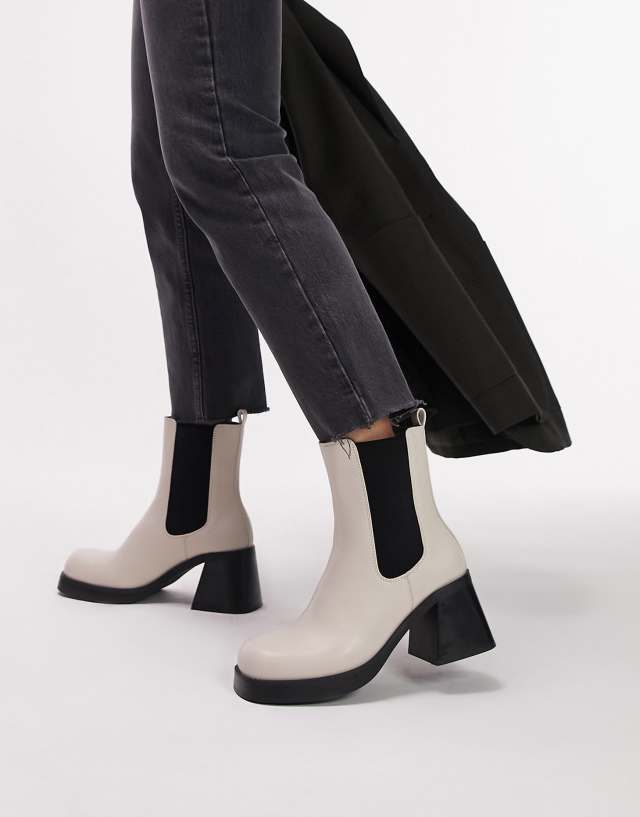 Topshop Bay square toe heeled chelsea boots in off white