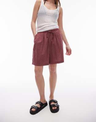 Topshop Topshop beach board short in burgundy check-Red