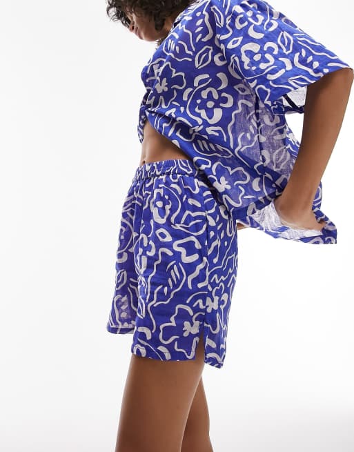 Topshop - Beach Resort - Short en overhemd met geschetste print in kobaltblauw