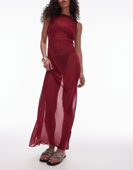 Topshop beach sheer bias maxi dress in cherry red , 3 of 4