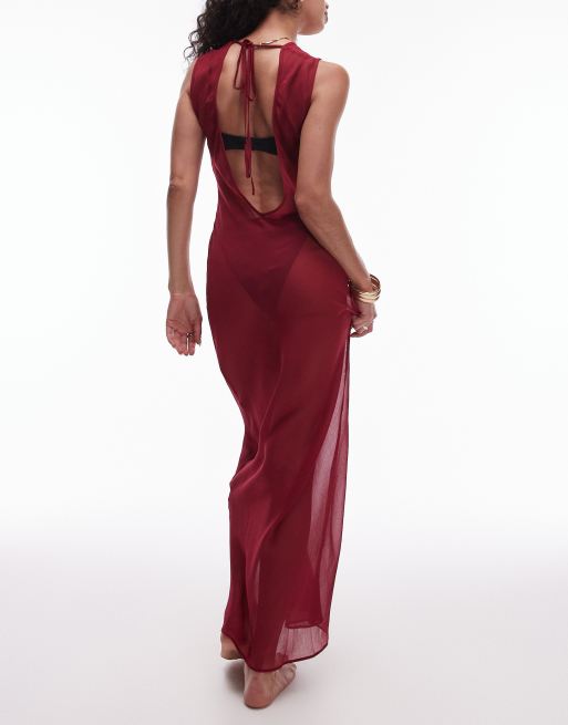 Topshop beach sheer bias maxi dress in cherry red , 4 of 4