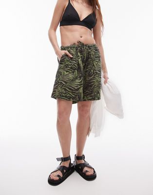 Topshop beach shorts in khaki zebra print