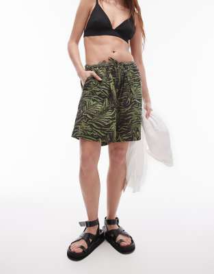 Topshop Beach Shorts In Khaki Zebra Print-green In Green