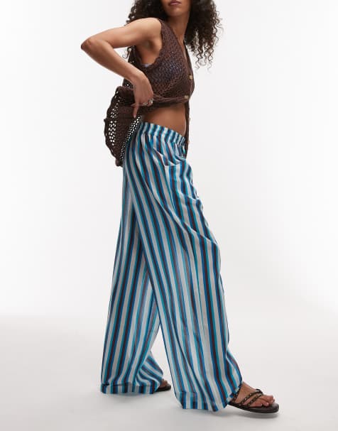 Topshop beach stripe tie waist voile pull on pants in turquoise - view 1