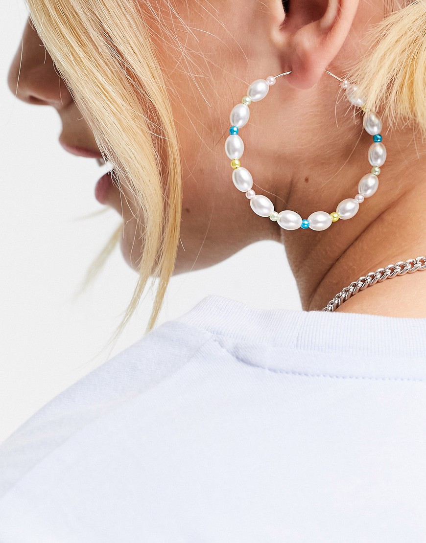 Topshop beaded and pearl hoop earrings in white mix-Multi