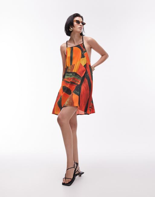 Topshop beaded strap printed flippy mini dress in papaya print