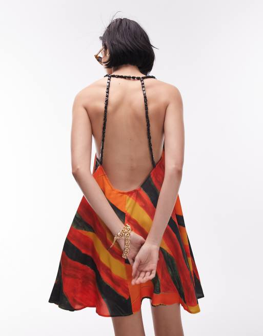 Topshop beaded strap printed flippy mini dress in papaya print | ASOS