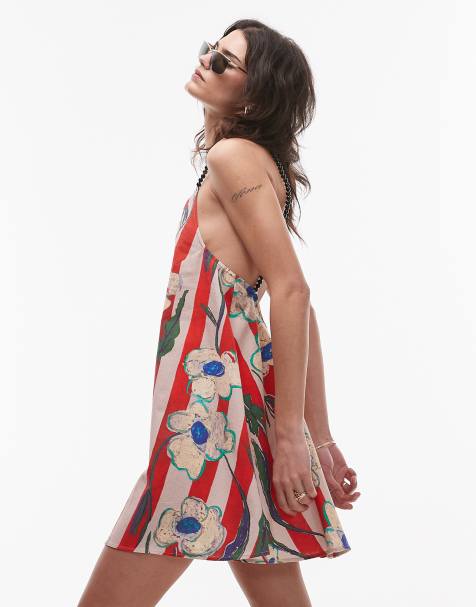 Topshop beaded strap printed flippy mini dress in red and floral stripe - view 1