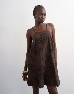 Beaded strap trapeze mini dress with 3D cording in brown