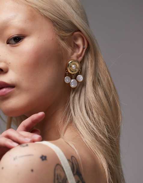 Topshop Becca drop earrings in gold and pearl - view 1