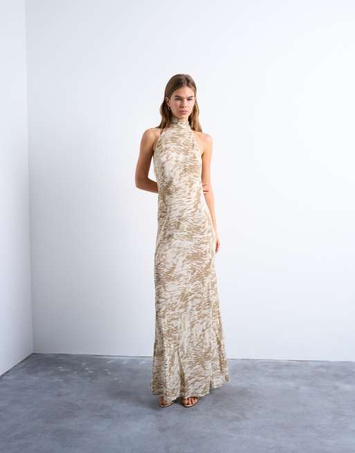 Topshop – Beige, abstrakt zebrarandig midiklänning med hög halterneck, 2 av 4