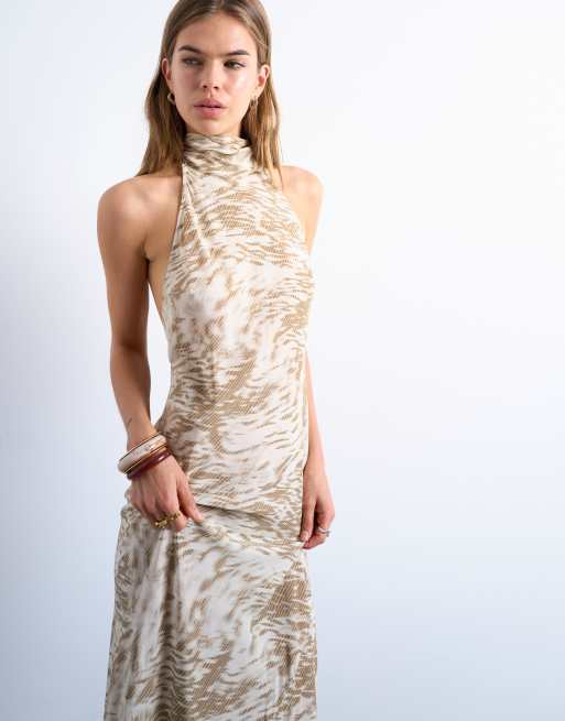 Topshop – Beige, abstrakt zebrarandig midiklänning med hög halterneck, 3 av 4