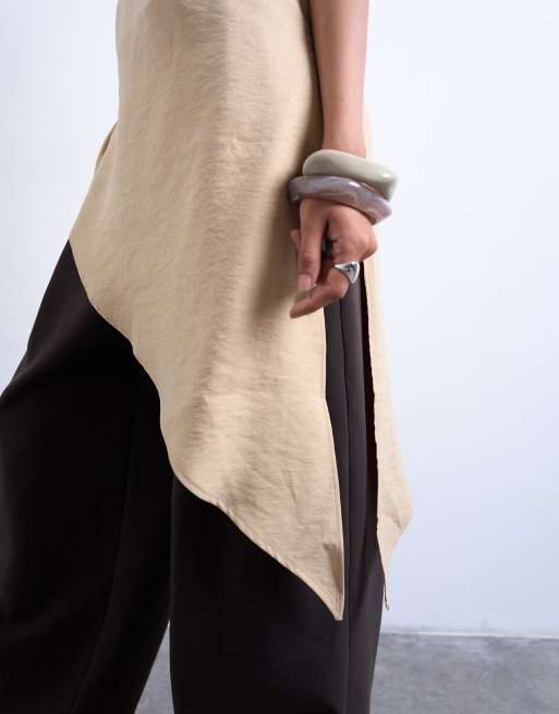 Topshop - Beige asymmetrisk top med skulderpuder i cupro, 2 af 4