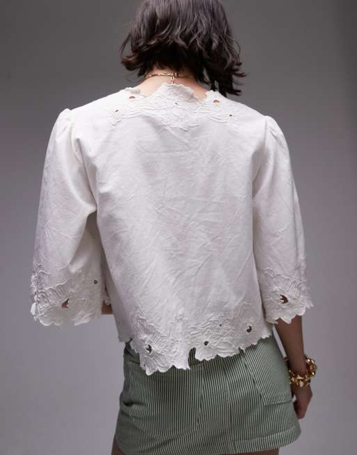 Topshop – Beige, blommigt broderad blus med utskurna detaljer, 2 av 4